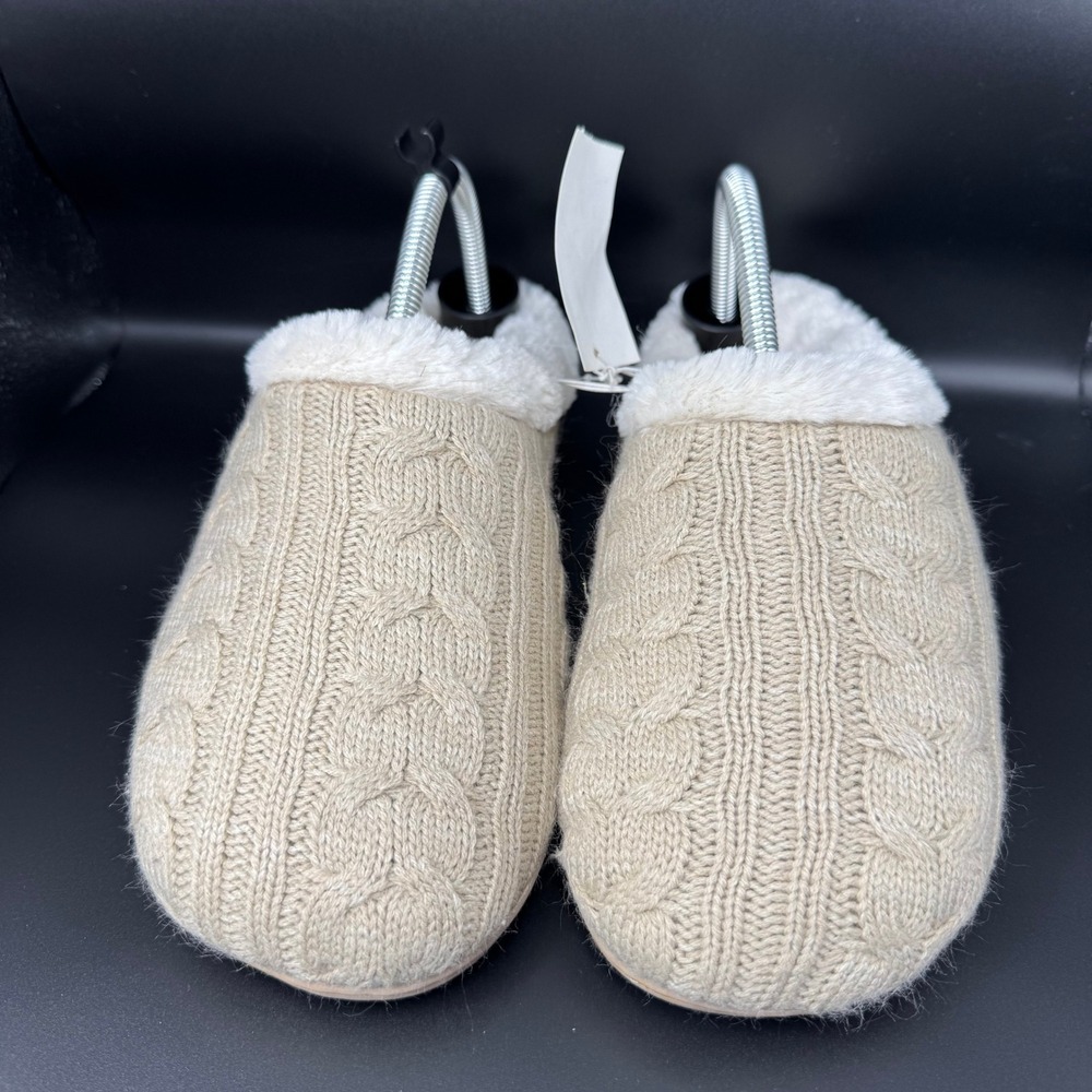 Womens Large Cozy Cable Knit Fuzzy Lined Slippers Slip On House Shoes Tan